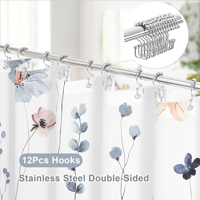 Long 3 in 1 Shower Curtain Set, 54x78 | Long 3 in 1 Shower Curtain Set, PEVA Liner Set & 12 Double Sided Steel Hooks, Waterproof Fabric Bathroom Curtain 54x78
