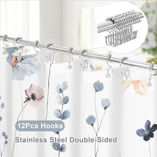 Extra Long 3 in 1 Shower Curtain Set, 72x90 | Extra Long 3 in 1 Shower Curtain Set, PEVA Liner Set & 12 Double Sided Steel Hooks, Waterproof Fabric Bathroom Curtain
