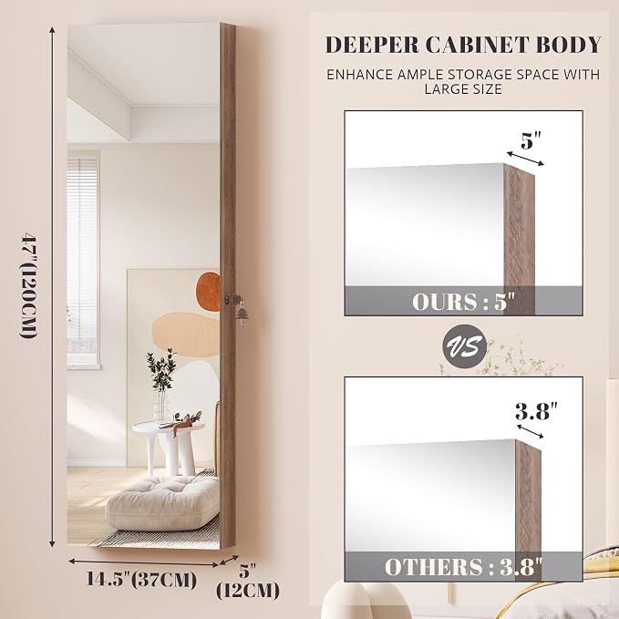 Vlsrka 47.2" LED Jewelry Cabinet, Wall Mounted Jewelry Mirror Organizer | Over The Door Hanging Jewelry Armoire Organizer, Lockable Mirror with Jewelry Storage, 4 Drawers, 5 Shelves for Women (Wood)