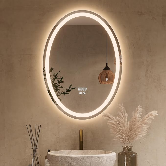 Keonjinn 22 x 30 Inch Oval LED Bathroom Mirror with Frontlit and Backlit | Tempered Glass, 3 Colors Lights, Safe & Fast Defogging, Memory Function, Stepless Dimmable, Easy Install, Plug in/Hardwired
