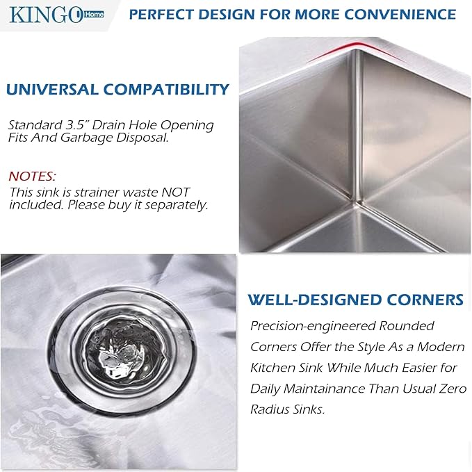 KINGO HOME 28 Inch Drop in Kitchen Sink, 304 Stainless Steel Single Bowl Basin, Top Mount 16 Gauge 28x18 Inch Brushed Nickel Dishwasher Sinks for Workstation, RV, Laundry, Commercial and Bar Sink