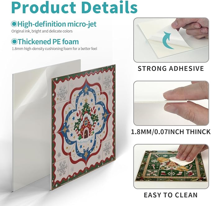 Easy Peel Stick wall Tile Stickers 6x6in Stick on backsplash Tiles,12Pcs | removable 3D tile for kitchen RV bathroom laundry backsplash decor,Ultra-high-definition printed christmas pattern