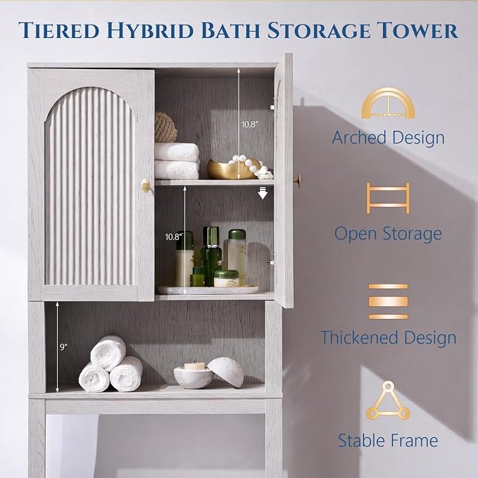 72" Over The Toilet Storage Cabinet, Modern Over Toilet Bathroom Organizer Shelf with Fluted Arched Doors, Wooden Free Standing Bathroom Storage Cabinet with Adjustable Shelf, Space Saver, Light Grey