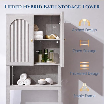 72" Over The Toilet Storage Cabinet, Modern Over Toilet Bathroom Organizer Shelf with Fluted Arched Doors, Wooden Free Standing Bathroom Storage Cabinet with Adjustable Shelf, Space Saver, Light Grey
