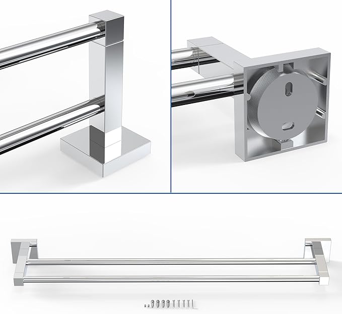 RUACQ Double Towel Bar, 24 Inch Towel Racks for Bathroom Wall Mounted, 304 Stainless Steel Bath Towel Rod with Square Base(Chrome)