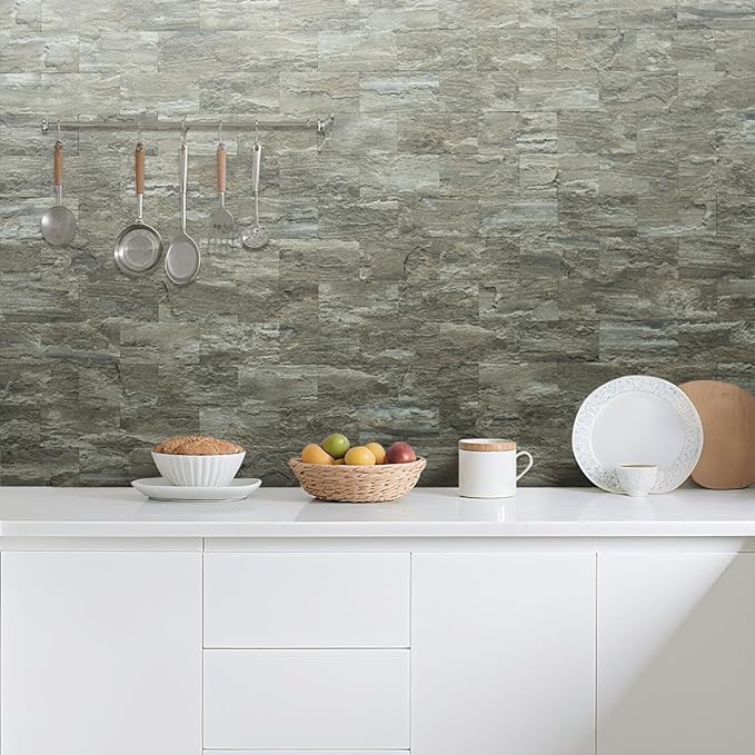AULIGET 4-Piece Faux Stone Peel and Stick Backsplash Wall Tiles, 3" x 6" Apache Brown Rock PVC Stick on Tile for Backsplash Kitchen, Bathroom, Laundry Room, Camper, Fireplace