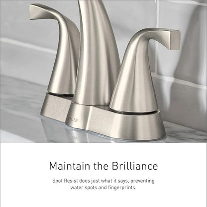 Moen Halle Spot Resist Brushed Nickel Two-Handle Centerset Bathroom Sink Faucet with Drain Assembly, 84971SRN