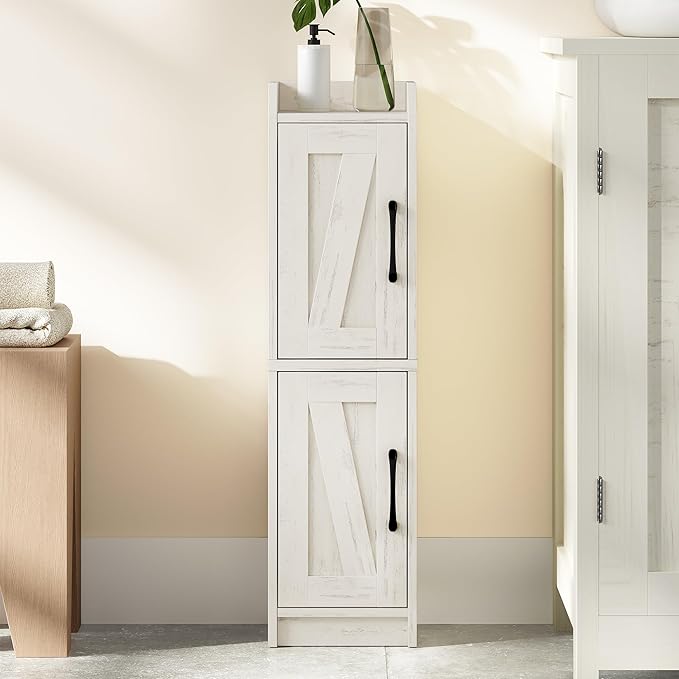 Bathroom Storage Cabinet, Small Corner Floor Cabinet with Door and Shelves, Narrow Bathroom Organizer and Paper Storage with Adjustable Shelves, for Small Spaces, Rustic White BC27014X