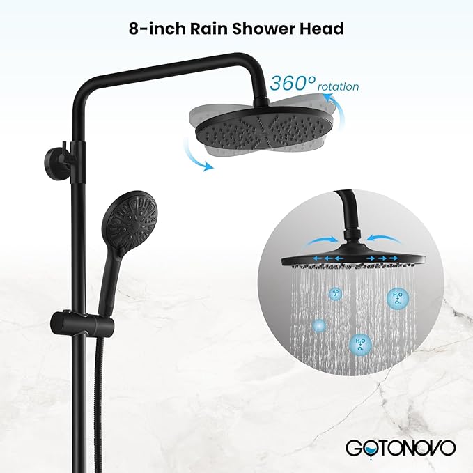 gotonovo Exposed Shower Faucet System 8 Inch Rainfall Shower Head with 8 Function ABS Handheld and Double Cross Handle Wall Mounted Bathroom Luxury Mixer Shower Horizontal Faucet Body Matte Black