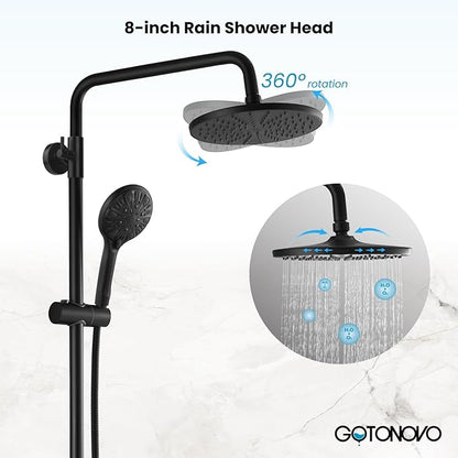 gotonovo Exposed Shower Faucet System 8 Inch Rainfall Shower Head with 8 Function ABS Handheld and Double Cross Handle Wall Mounted Bathroom Luxury Mixer Shower Horizontal Faucet Body Matte Black