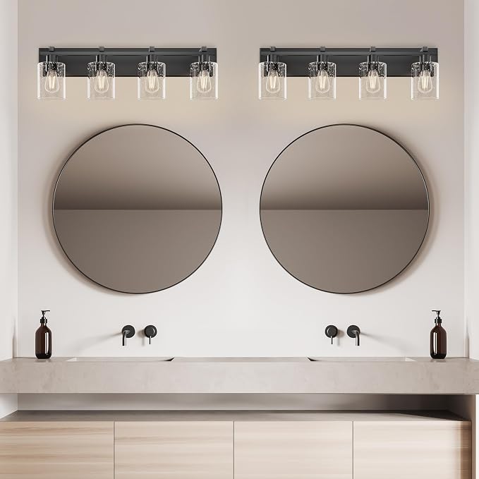 4-Light 30inch Black Vanity Light, Thickened Seeded Glass Shade | Over Mirror for Bathroom, Rust Resistant, E26 Base, Easy Install, Removable Glass Shade Horizontal Mount, Dimmable
