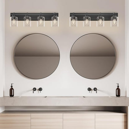 4-Light 30inch Black Vanity Light, Thickened Seeded Glass Shade | Over Mirror for Bathroom, Rust Resistant, E26 Base, Easy Install, Removable Glass Shade Horizontal Mount, Dimmable