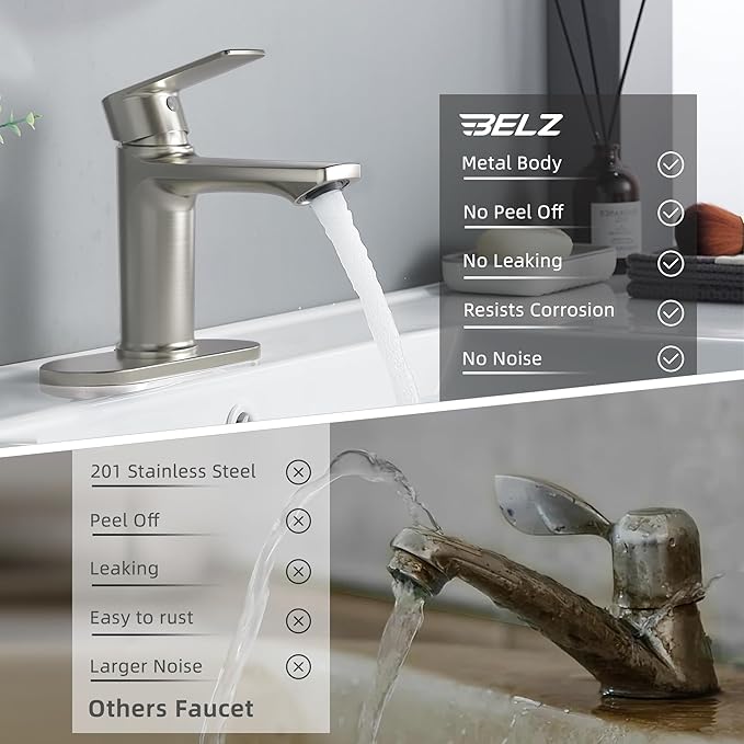 BELZ Brushed Nickel Bathroom Faucet, Modern Single Handle One Hole Bath Vanity Sink Faucet with Pop Up Drain and Deck Plate for 1 or 3 Holes