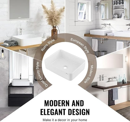 VEVOR Rectangle Vessel Sink, 19" x 14.7" Countertop, White Ceramic Above Counter, Modern Style, Bright and Elegant, Well-Packaged for Bathroom, Hotel, Toilet, RV