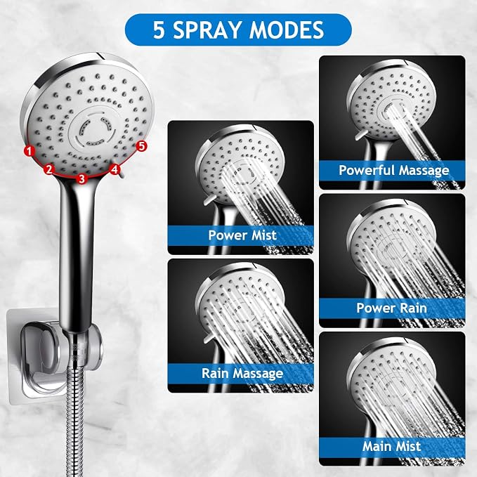 Shower Head Combo,8 Inch High Pressure Rain Shower Head with 11 Inch Adjustable Extension Arm and 5 Settings Handheld Shower Head Combo,Powerful Shower Spray Against Low Pressure Water with Long Hose