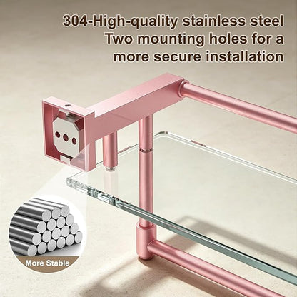 Bathroom Glass Shelf Towel Rack Shelf Glass Organizer Wall-Mounted Bathroom Storage SUS304 Stainless Steel Towel bar/Track Wall-Mounted Tempered Glass Stainless Steel Shelf (Pink, 16‘’ with Railing)