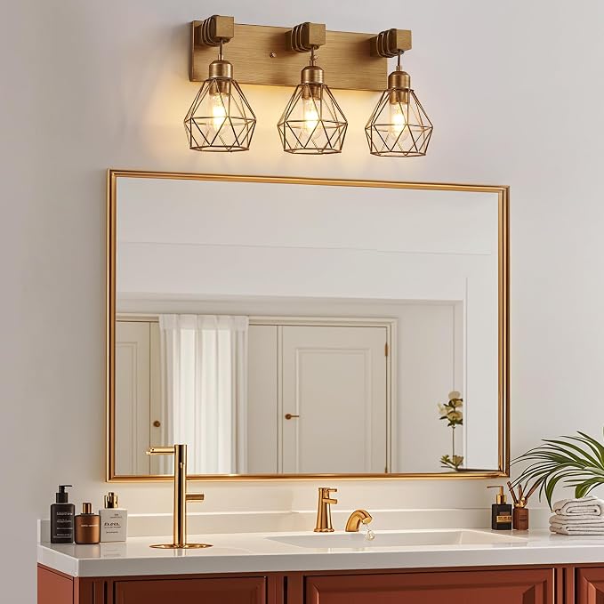 maesta 3 Light Bathroom Vanity Light, Farmhouse Gold Fixture Over Mirror | Farmhouse Bathroom Light Fixtures, Wood & Metal, Anti-Rust, Easy to Install for Rustic Bathroom Hallway