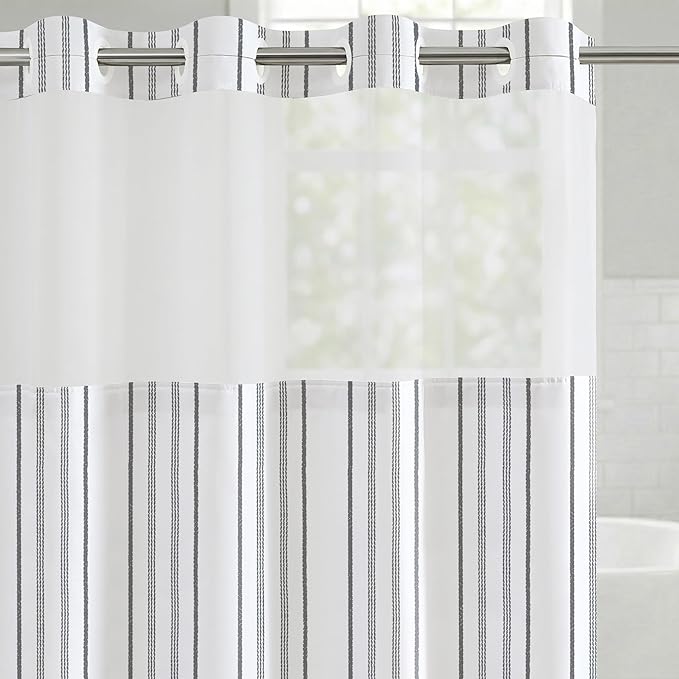 Americanflat 72x75 Hookless Shower Curtain - Water-Resistant Cottage Stripe Shower Curtain with Sheer Panel, Snap-in Liner, and Durable Grommets - 100% Polyester - Black, Grey and White