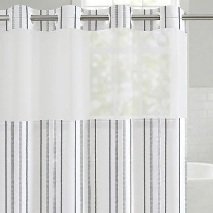 Americanflat 72x75 Hookless Shower Curtain - Water-Resistant Cottage Stripe Shower Curtain with Sheer Panel, Snap-in Liner, and Durable Grommets - 100% Polyester - Black, Grey and White