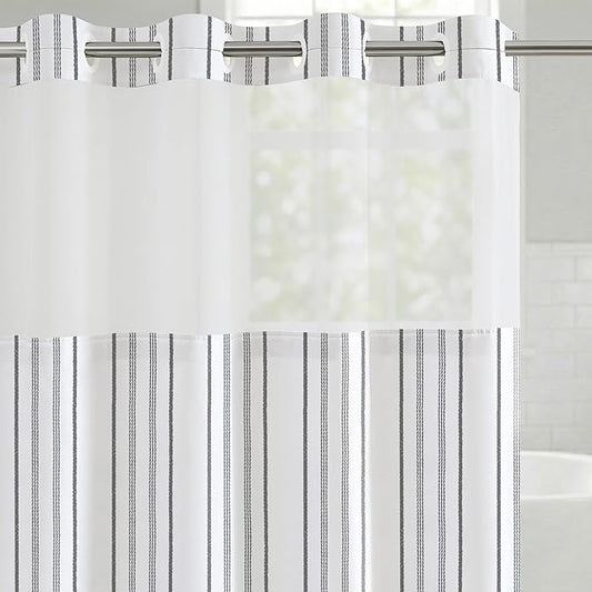 Americanflat 72x75 Hookless Shower Curtain - Water-Resistant Cottage Stripe Shower Curtain with Sheer Panel, Snap-in Liner, and Durable Grommets - 100% Polyester - Black, Grey and White