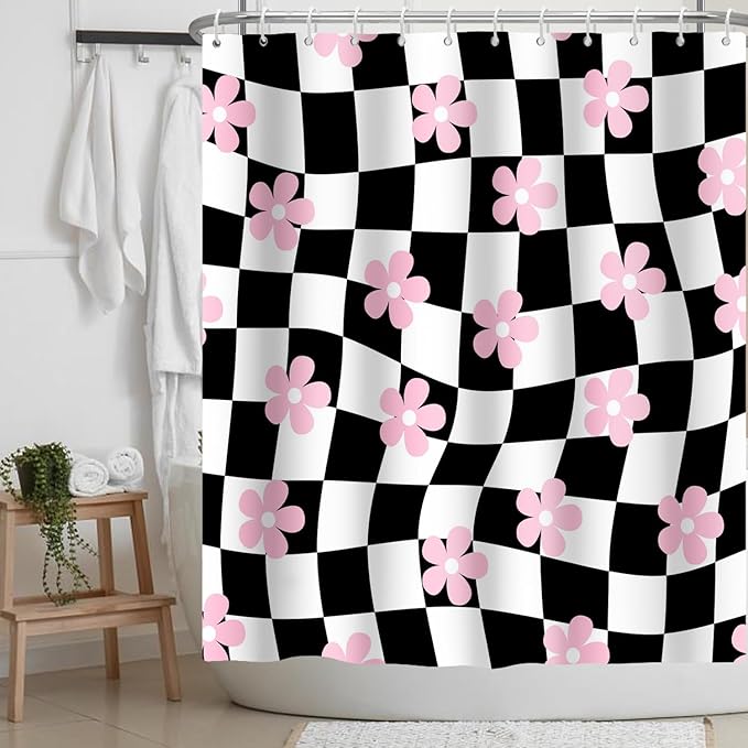 Black White Shower Curtain Pink Flower Abstract Checkered Plaid Groovy,Vintage Shower Curtains Bathroom Accessories 72x72 Inches