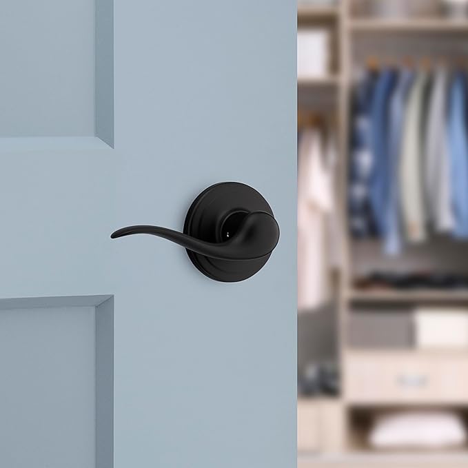 Kwikset Tustin Dummy Door Handle, Single Sided Lever for Closets, French Double Doors, and Pantry, Matte Black Non-Turning Left Handed Interior Push/Pull Lever, with Microban Protection