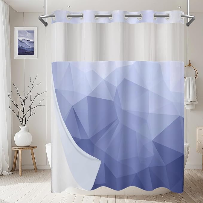No Hook Shower Curtain with Snap in Liner Set, Light Blue, 71x74 | Waterproof Fabric for Bathroom, Modern Hotel Style Ombre Design, Mesh Top Window, Machine Washable, Quick Install