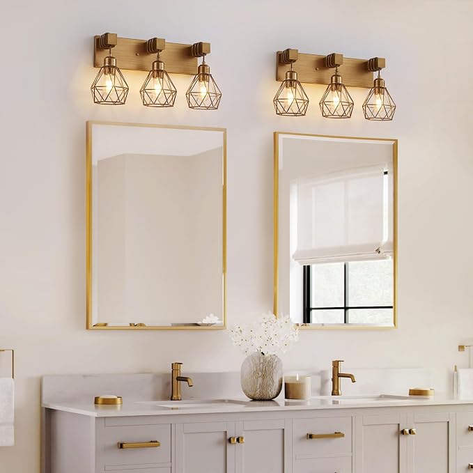 maesta 3 Light Bathroom Vanity Light, Farmhouse Gold Fixture Over Mirror | Farmhouse Bathroom Light Fixtures, Wood & Metal, Anti-Rust, Easy to Install for Rustic Bathroom Hallway