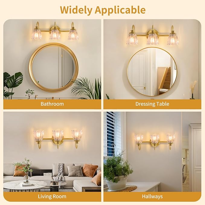 Bathroom Light Fixtures (3-Light), Vintage Brushed Gold Vanity Lights for Bathroom with Clear Tulip Crystal Glass Shade, Vanity Wall Light Over Mirror for Bedroom Living Room Hallway