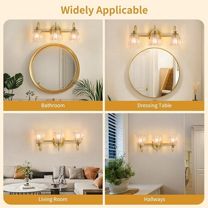 Bathroom Light Fixtures (3-Light), Vintage Brushed Gold Vanity Lights for Bathroom with Clear Tulip Crystal Glass Shade, Vanity Wall Light Over Mirror for Bedroom Living Room Hallway