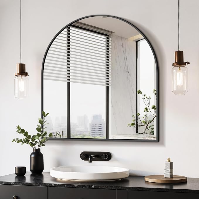 Arched Bathroom Mirror, Black, 32"x30" | Wall Mounted, Vanity Mirror, For Bedroom, Living Room and Entryway
