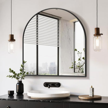 Arched Bathroom Mirror, Black, 32"x30" | Wall Mounted, Vanity Mirror, For Bedroom, Living Room and Entryway