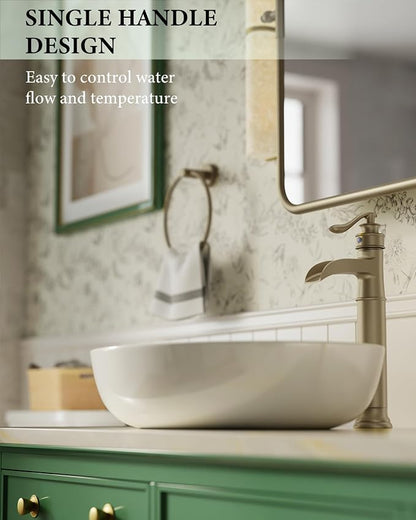 Homevacious Vessel Sink Faucet Brushed Gold Waterfall Tall Bathroom Faucet | Single Handle 1 Hole Bowl Sink Faucet with Pop Up Drain Assembly and Water Supply Hose Commercial Lavatory Mixer Tap