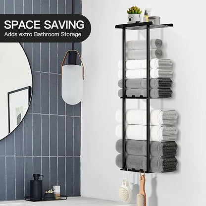Towel Racks for Bathroom, 3 Tier Metal Towel Holder, with Shelf & 6 Hooks, 29 inch Wall Mounted Towel Storage, 6 Large Bath Towels Capacity,Small Bathroom Towel Rack for Rolled Towels, Black