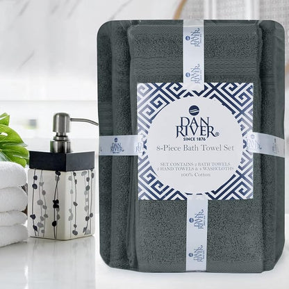 DAN RIVER 8 Piece Luxury Bath Towels for Bathroom, Towel Set, Gray | 2 Bath towels, 2 Hand towels, and 4 Wash Cloths, 600 GSM 100% Ring Spun Cotton, Highly Absorbent, Gym, Hotel, guest, and Spa