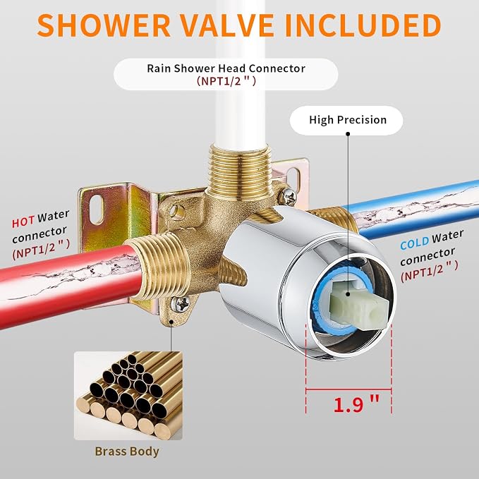 Shower Faucet Single Function Trim Kit with Rough-in Valve Set Bath Rainfall Shower System 8inch Square Stainless Steel Metal Shower Head Polished Chrome