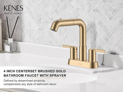 Champagne Bronze Pull Down Centerset Bathroom Faucet 3 Hole 2 Handle | Pull Out Bathroom Faucet with Pop Up Drain & Supply Lines, Lead-Free cUPC & NSF Certified, 4 Inch Faucet for Vanity RV Sink