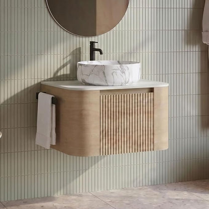 24" Preassembled Floating Bathroom Vanity with Carrara Finish Sink, Oak | Mid-Century Modern Style, Fluted & Soft-Close Drawer with U-shaped Wall, Sinterted Stone Countertop, Towel Rack Included