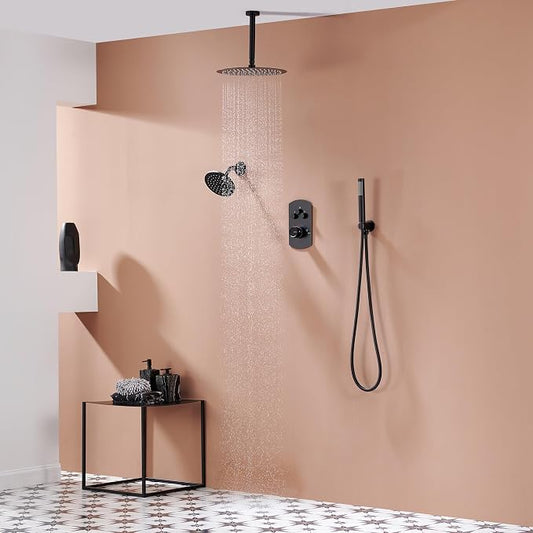 MONDAWE 12 Inch Ceiling Mounted Black Shower System, Dual Rainfall Shower Head & High Pressure Handheld Spray Combo, 3-Function Luxury Shower Faucet Set for Bathroom, All Functions Work Simultaneously