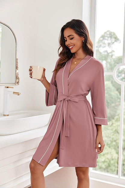 Ekouaer Women Kimono Robes Knee Length Knit Bathrobe Lightweight Soft Sleepwear V-neck Casual Ladies Loungewear