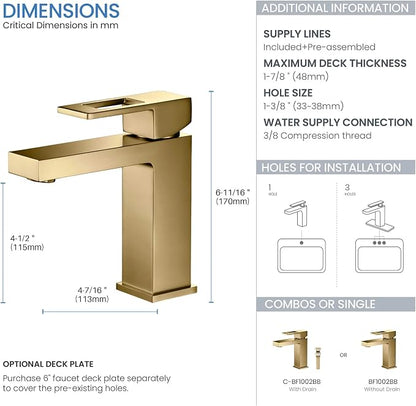 Solid Brass Single Handle Bathroom Sink Faucet with Pop-Up Drain, High Arc Cubic Spout Lavatory Faucet in Brushed Brass, Corrosion-Resistant, Modern Design