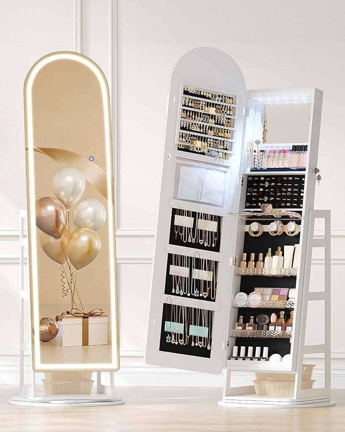 LVSOMT LED Arched Mirror Jewelry Cabinet Standing, Lockable Jewelry Armoire | 360° Swivel Full-Length Mirror with Storage, Large Jewelry Organizer Mirror, Foldable Makeup Shelf, Gift for Women, Black