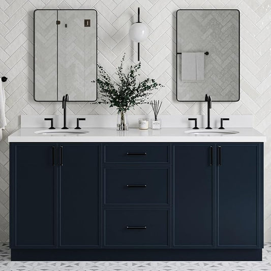 ARIEL Kelly 72-inch Bathroom Vanity with Sink,Solid Wood, 1.5-inch Pure White Quartz Countertop & Backsplash, Double Oval Porcelain Sink, 4 Soft Closing Doors, 5 Dovetail Drawers, Midnight Blue