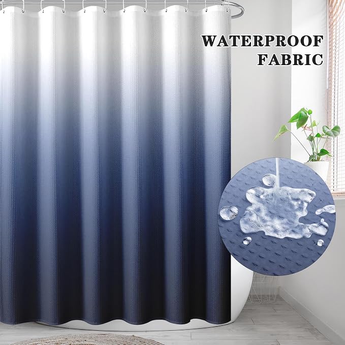 Shower Curtain Set, for Bathroom Decor 72" x 72", Ombre Gradient | Modern Navy Blue Waffle Textured Cloth Waterproof Matching Window Shower Curtain 36 x 30 Inches