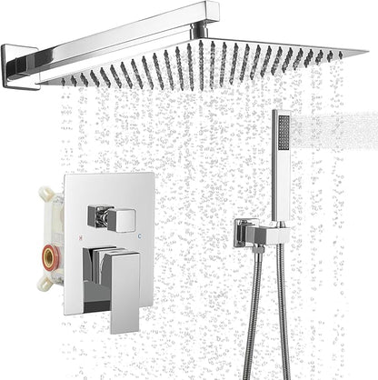 BWE 12 Inch Square Bathroom Luxury Rain Mixer Shower Combo Set Wall Mounted 2-Functions Rainfall Shower Head System Polished Chrome Shower Faucet Rough-in Valve Body and Trim Included