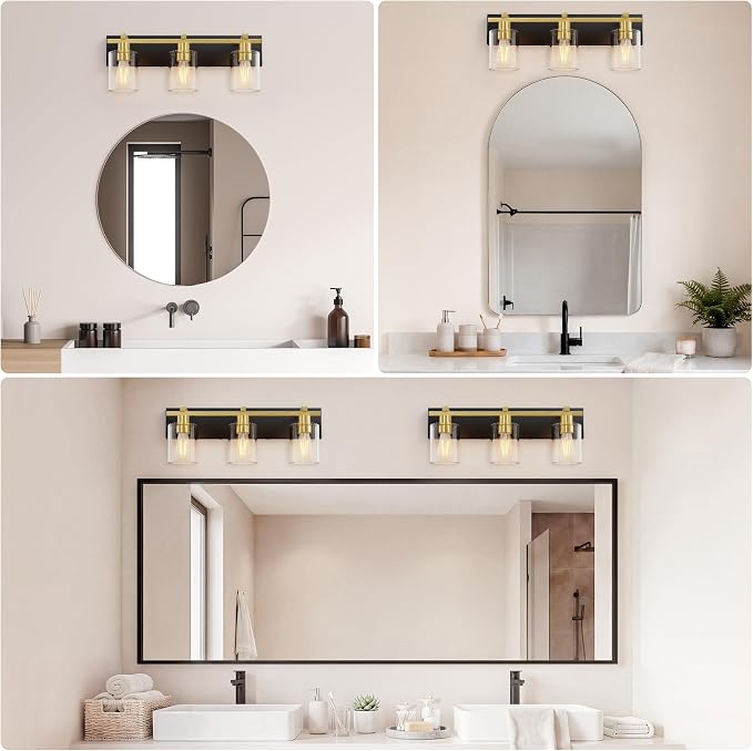 3-Light 21inch Black and Gold Vanity Light, Thickened Clear Glass | Over Mirror for Bathroom, Rust Resistant, E26 Base, Easy Install, Removable Glass Shade Horizontal Mount, Dimmable