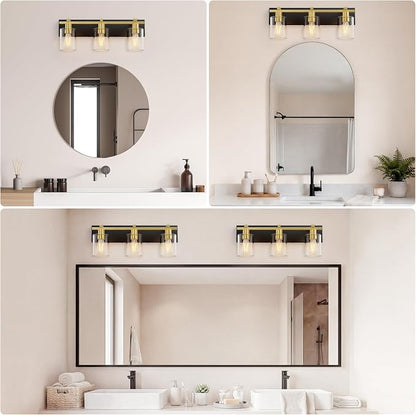 3-Light 21inch Black and Gold Vanity Light, Thickened Clear Glass | Over Mirror for Bathroom, Rust Resistant, E26 Base, Easy Install, Removable Glass Shade Horizontal Mount, Dimmable