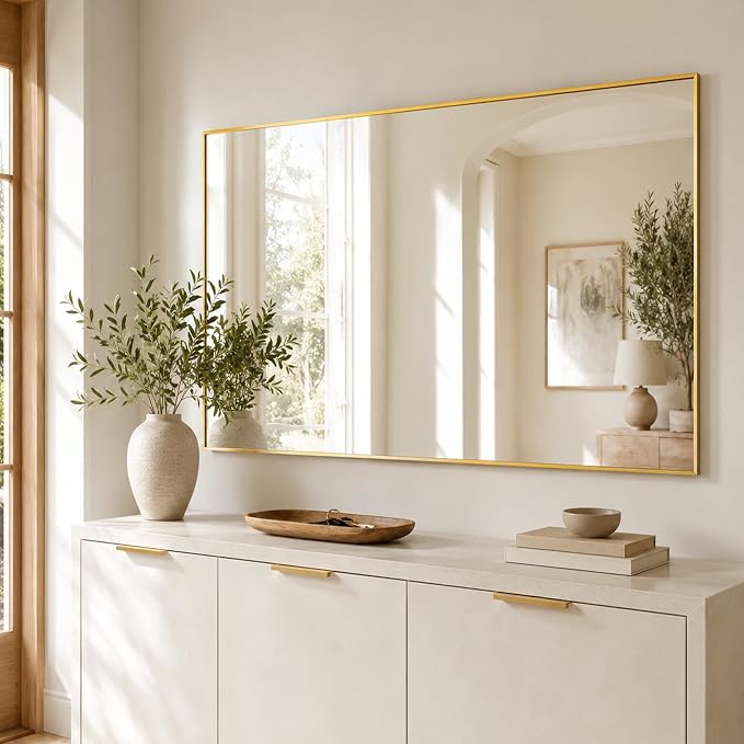 48"x30" Brushed Gold Large Framed Bathroom Vanity Wall Mirror | Large Vanity Wall Mirror, Slim Metal Frame, Dresser or Sideboard Use, Vertical/Horizontal Mount, Tempered Glass