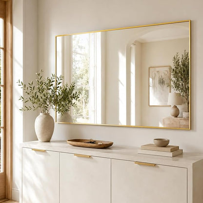 48"x30" Brushed Gold Large Framed Bathroom Vanity Wall Mirror | Large Vanity Wall Mirror, Slim Metal Frame, Dresser or Sideboard Use, Vertical/Horizontal Mount, Tempered Glass