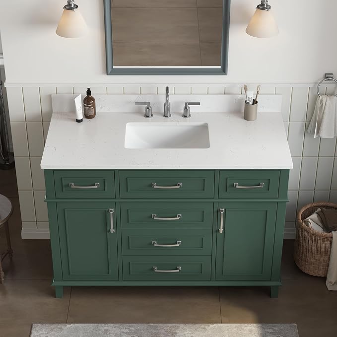 48 Inch Green Bathroom Vanity with Sink, Fully Assembled Bathroom Vanities with Soft Closing Doors & Dovetail Drawers, Solid Wood Vanity Bathroom, 48 Inch Vanity with Sink